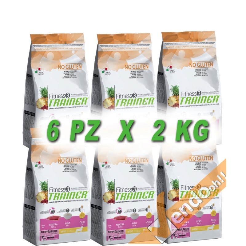FITNESS3 PUPPY E JUNIOR MINI ANATRA RISO CROCCHETTE CANE CUCCIOLO 2KG PER 6 PZ