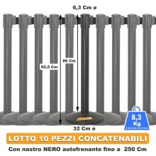 LOTTO 10 PZ COLONNINE DELIMITA AREA PALINE PALETTI CON NASTRO ESTENSIBILE NERO