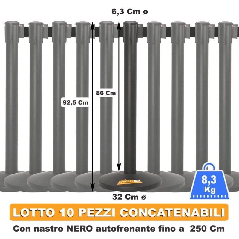 LOTTO 10 PZ COLONNINE DELIMITA AREA PALINE PALETTI CON NASTRO ESTENSIBILE NERO