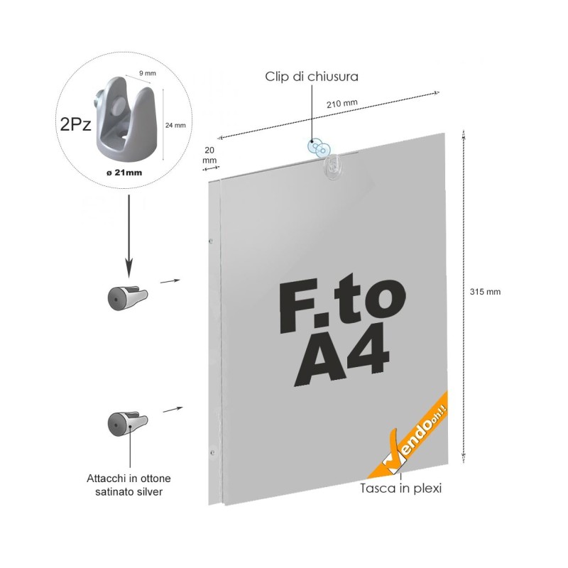 TARGA DA PARETE A BANDIERA COMPLETA DI ATTACCHI A MURO PANNELLO A4 ORIZZONTALE